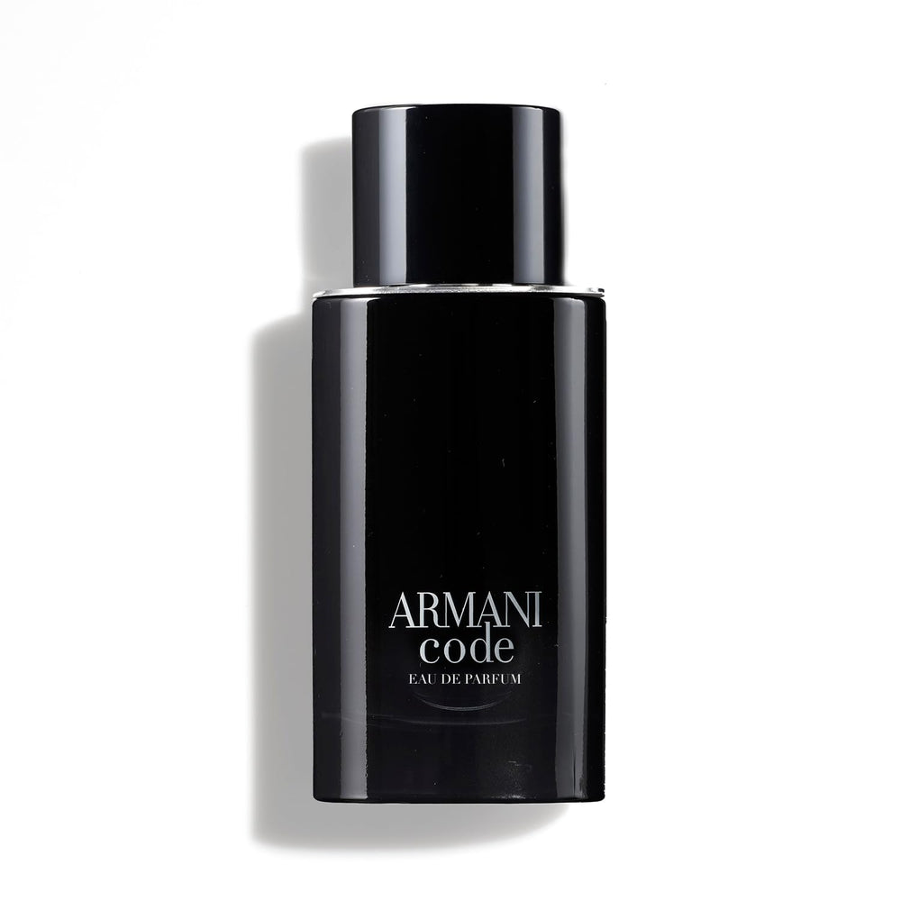 Armani Code EDP bottle in black and silver signals sleek masculine style.