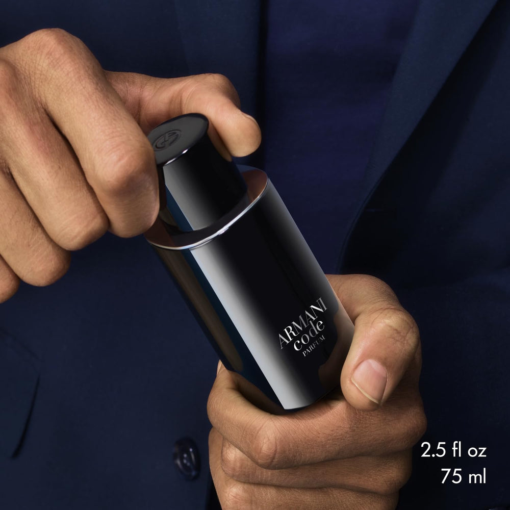 Armani Code Parfum refillable bottle design highlights sustainable luxury.