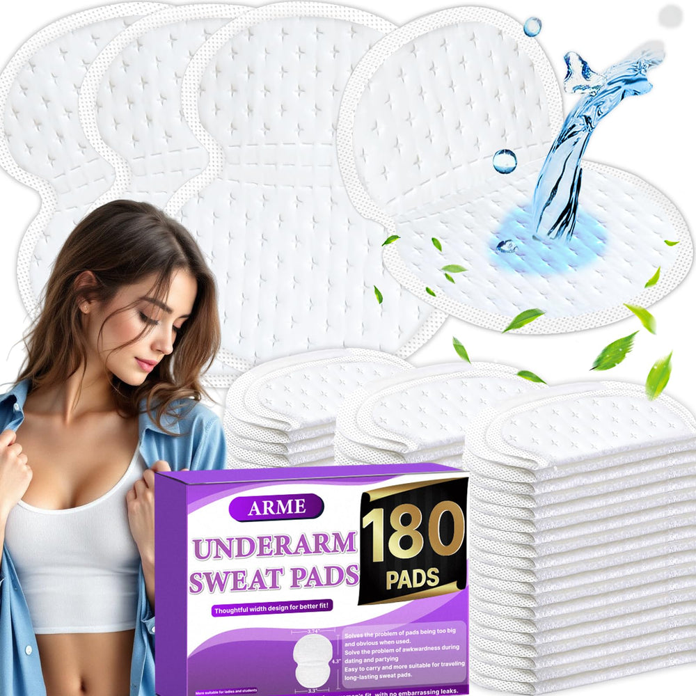 Arme 180-pcs armpit sweat pads packaging shows vacuum-sealed, hygienic storage.