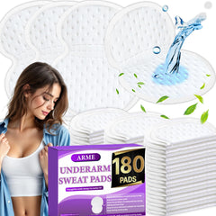 Arme 180-pcs armpit sweat pads packaging shows vacuum-sealed, hygienic storage.