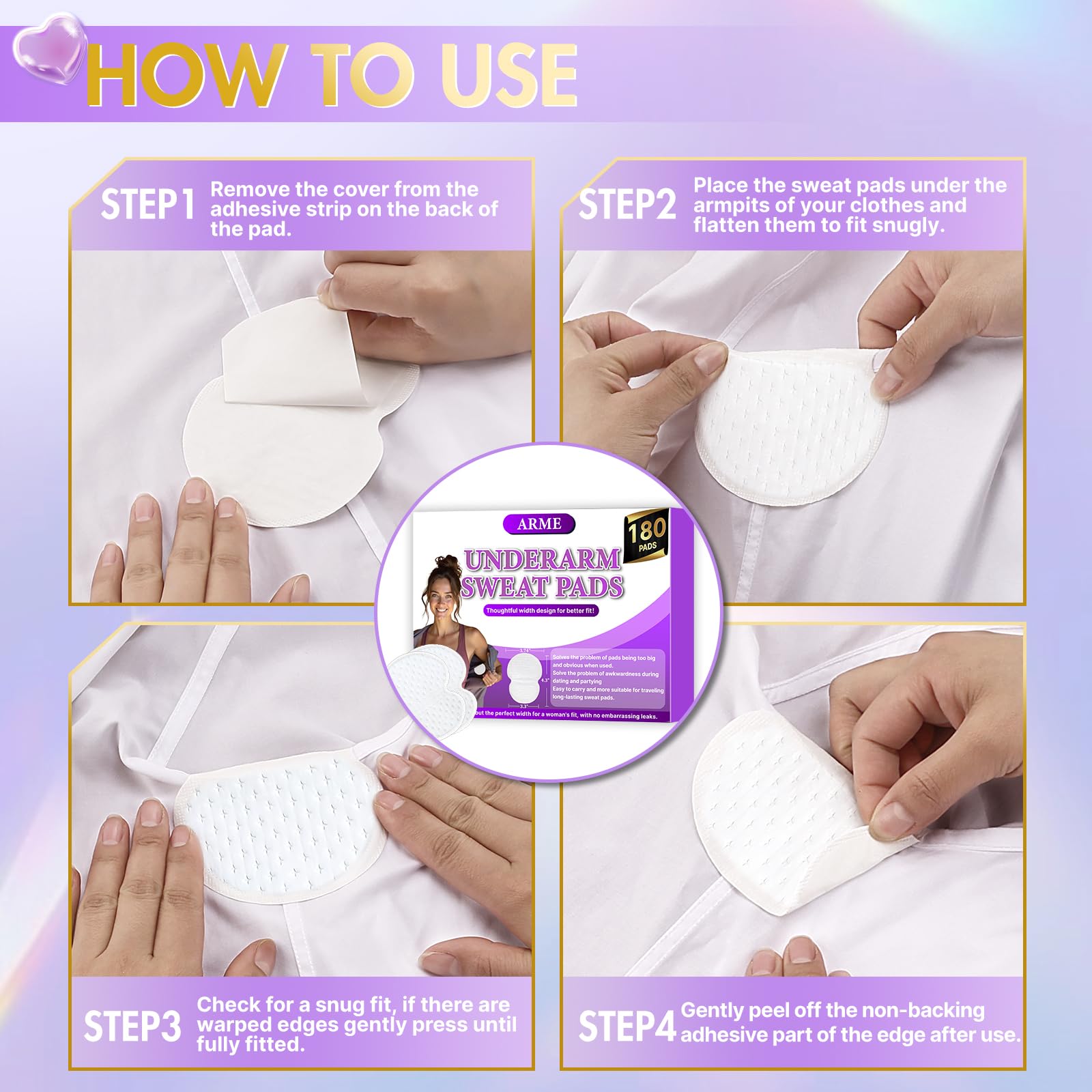 Arme disposable armpit sweat guards offer convenient, throw-away protection for outfits.