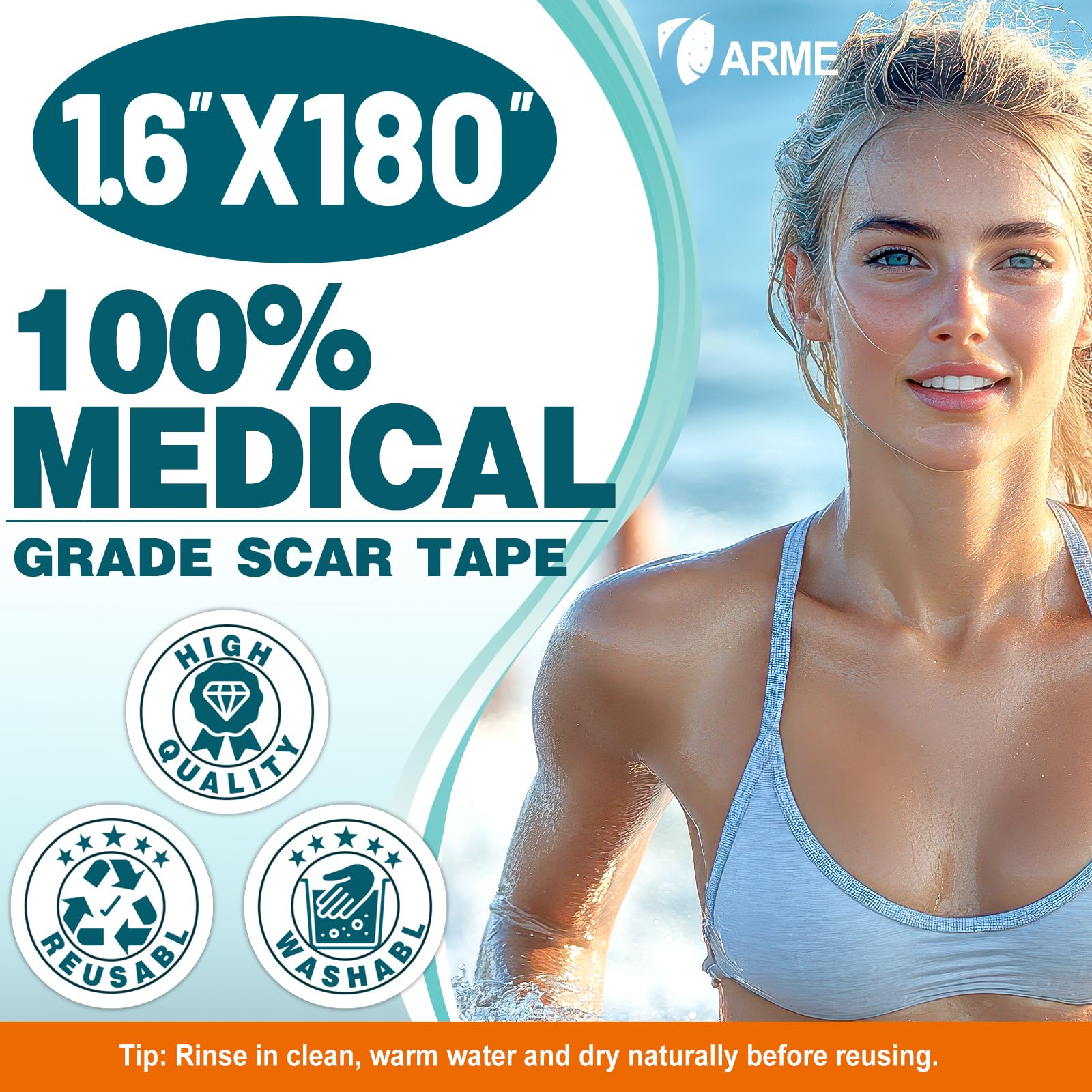 Arme silicone scar tape showing 24-hour strong adhesion without shifting.