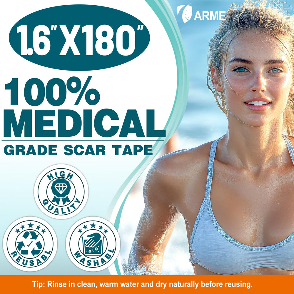 Arme silicone scar tape showing 24-hour strong adhesion without shifting.