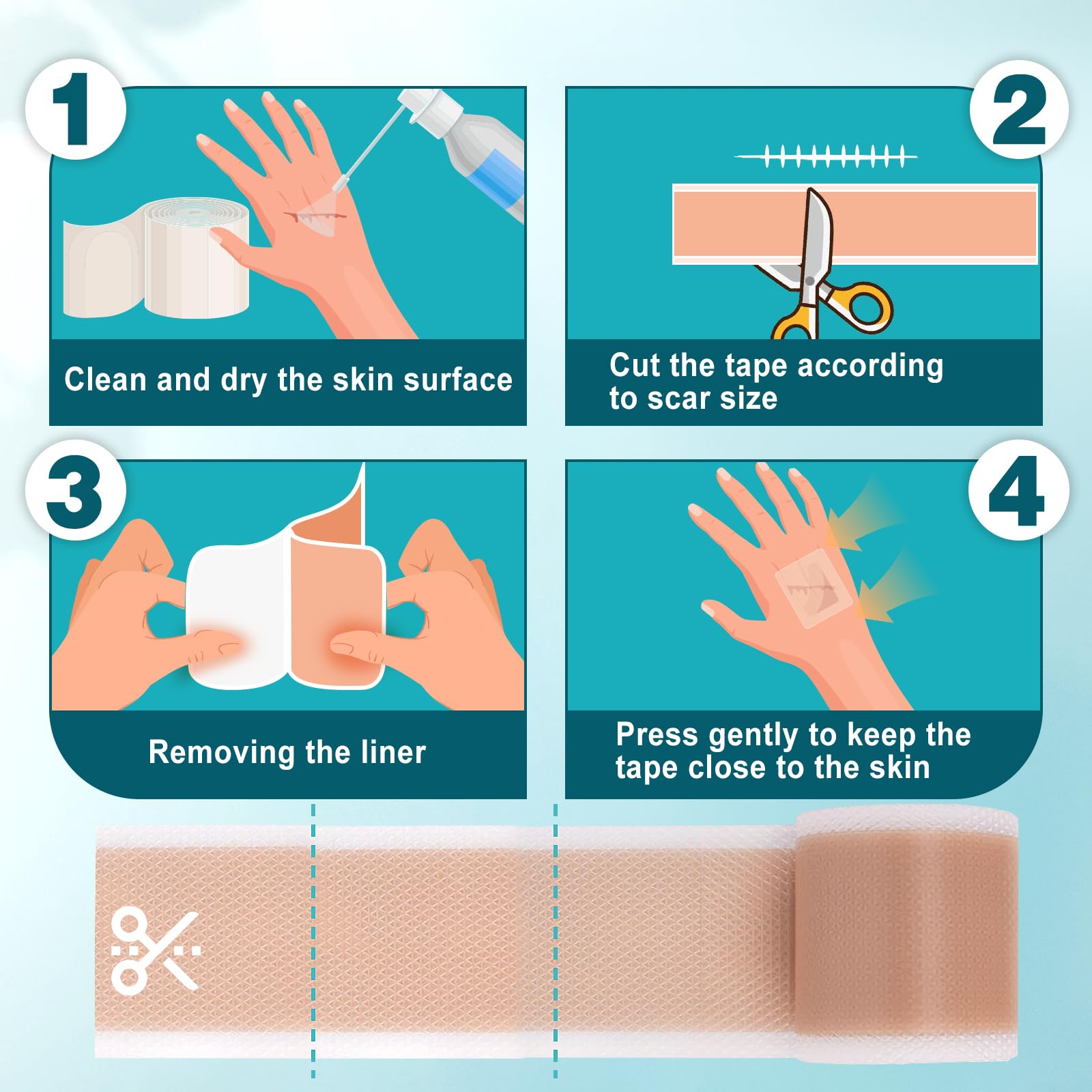 Arme scar tape applied to face-area shows precise trimming for delicate skin