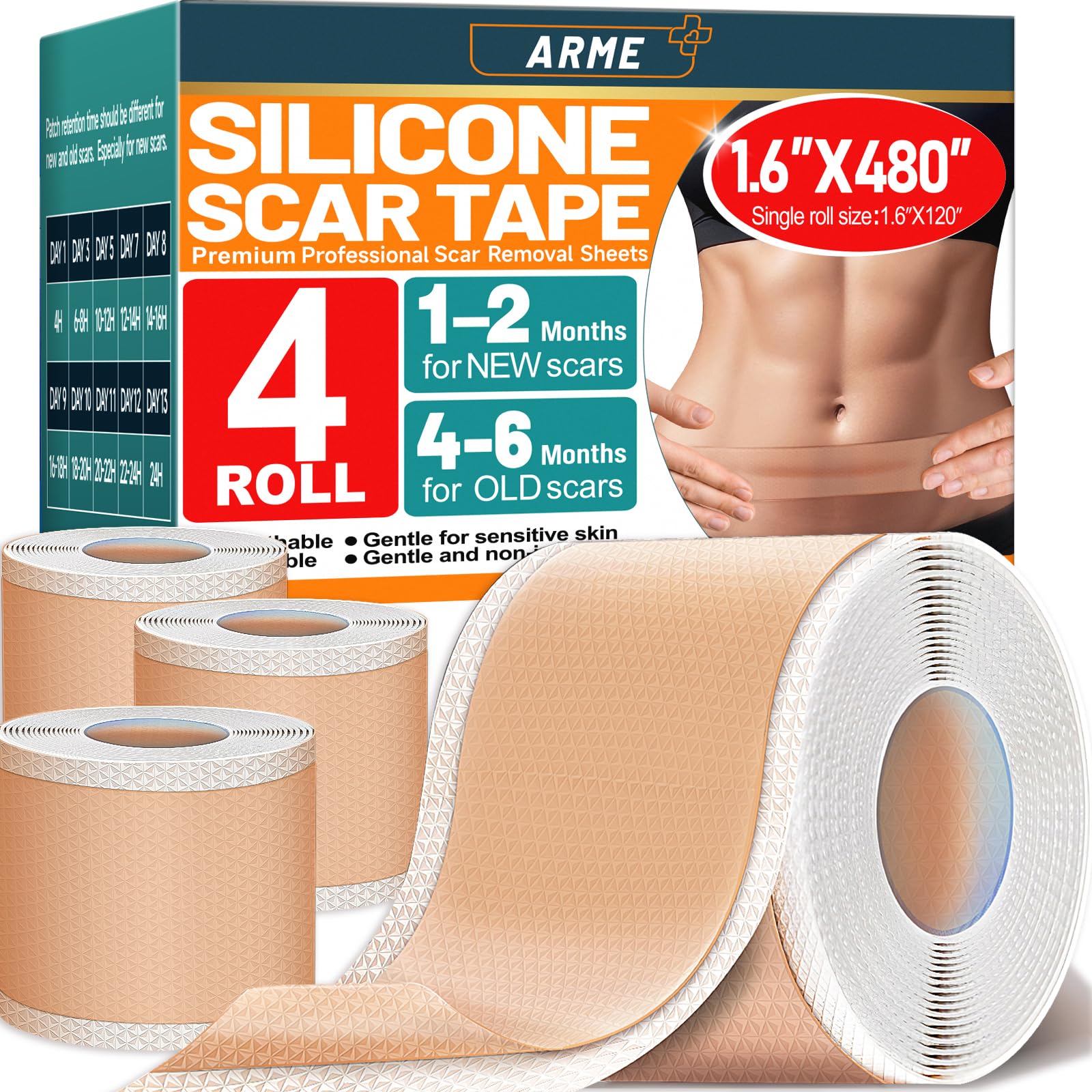 Arme silicone scar tape packaging shows four-roll set for long-term scar care