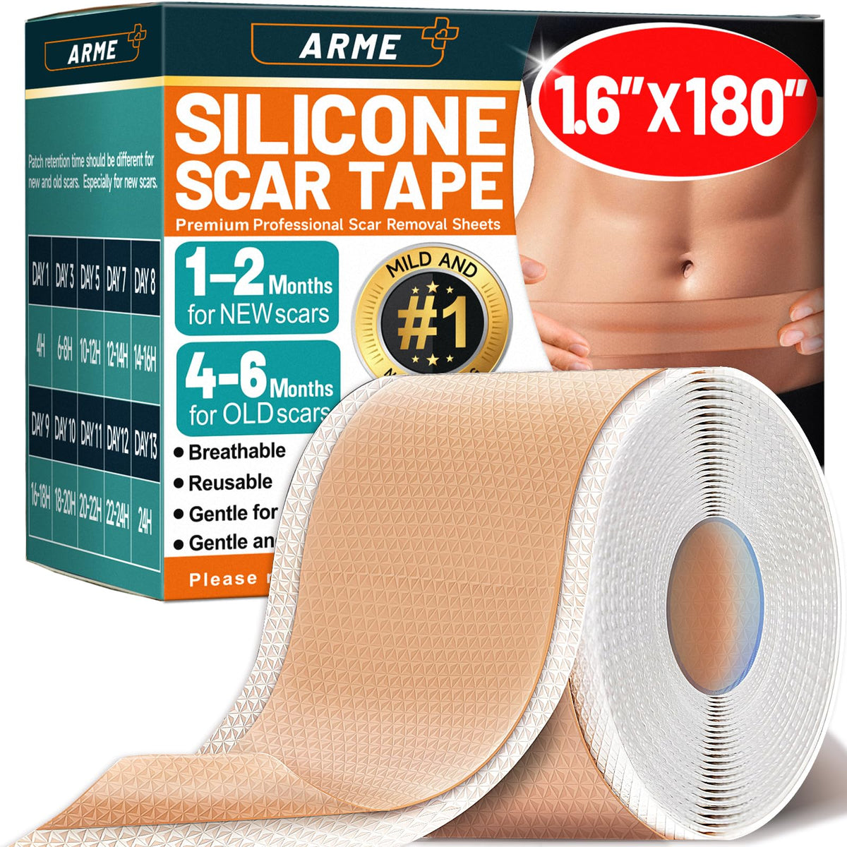 Arme silicone scar tape roll 1.6x180 inches provides continuous coverage for surgical scars.