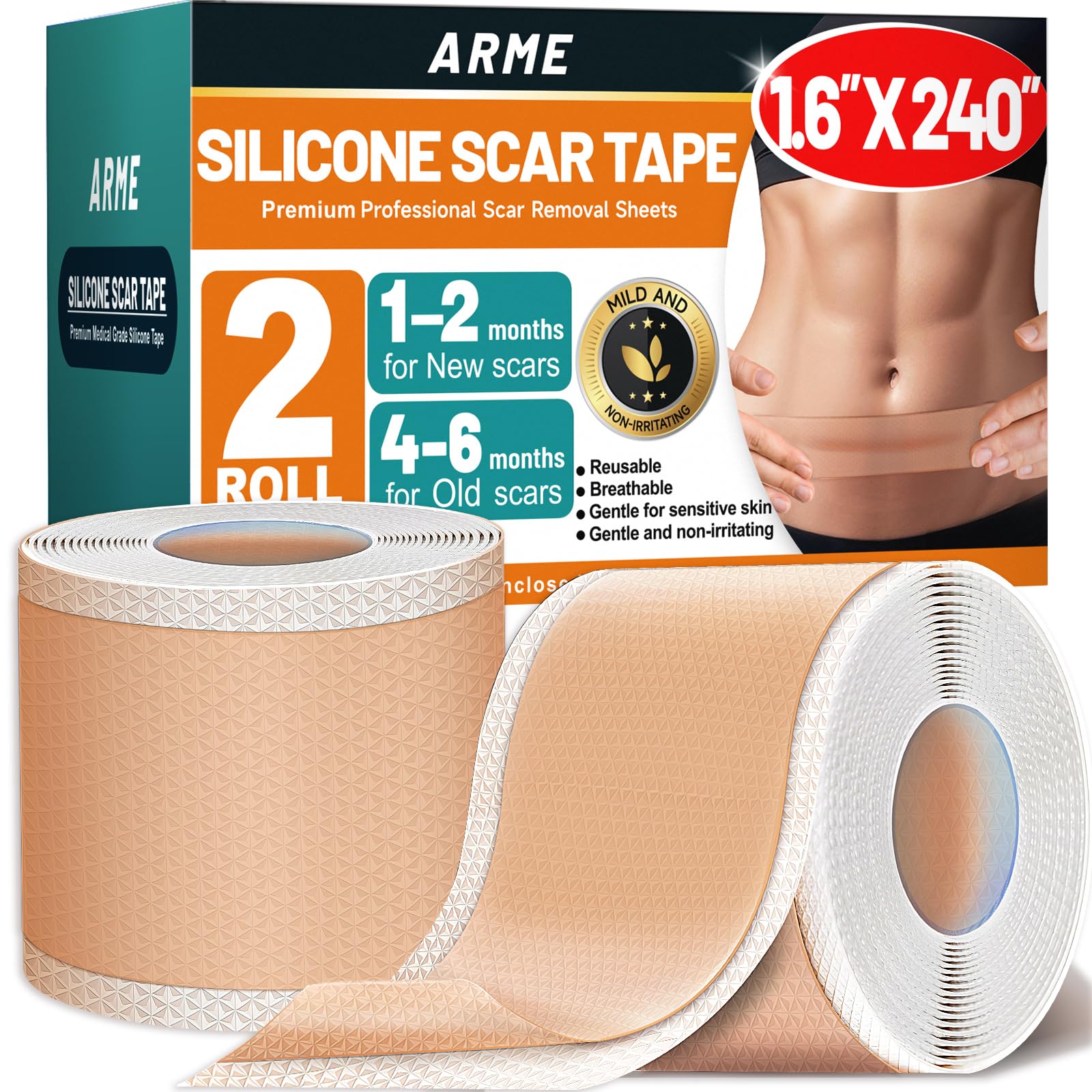 Arme silicone scar tape roll close-up with medical-grade material for scar care