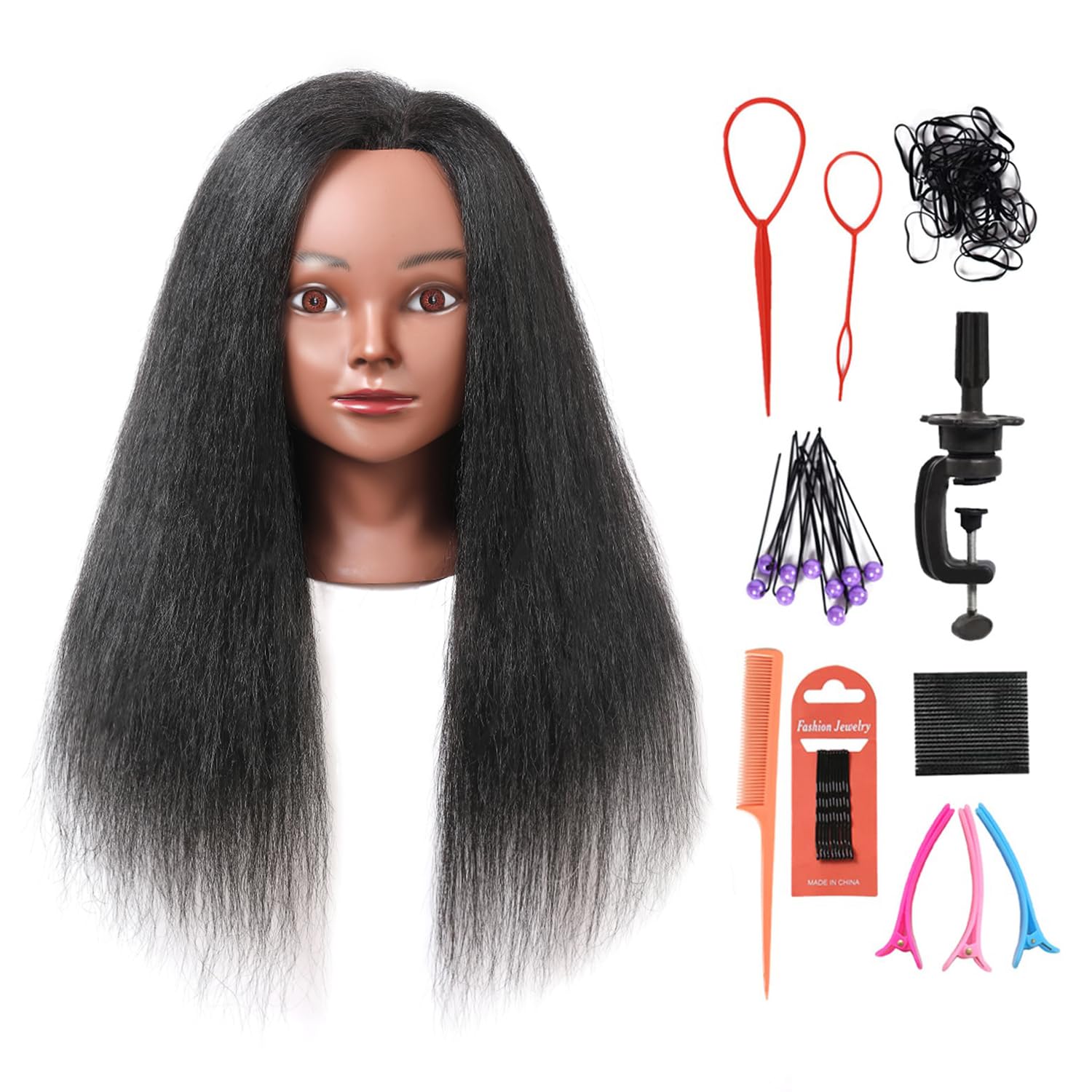 Armmu mannequin head with 16-inch black real hair for realistic styling practice.