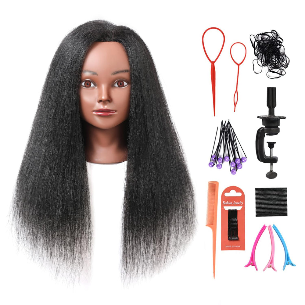 Armmu mannequin head with 16-inch black real hair for realistic styling practice.