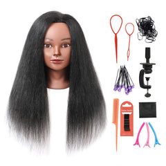 Armmu mannequin head with 16-inch black real hair for realistic styling practice.