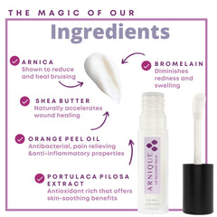Arnique Arnica Lip Balm tube dispense action highlights easy apply for aftercare.
