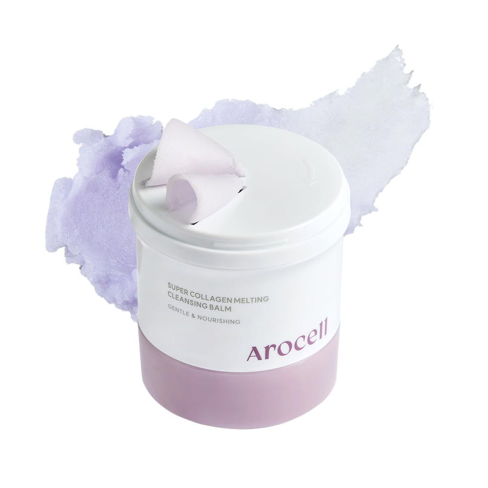 AROCELL OFFICIAL Super Collagen Melting Balm jar demonstrates rich texture for gentle makeup removal.
