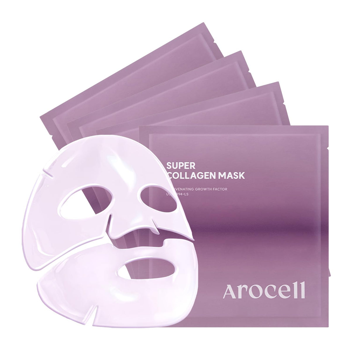 AROCELL Super Collagen Mask packaging shows four sheets for overnight hydration and elasticity.