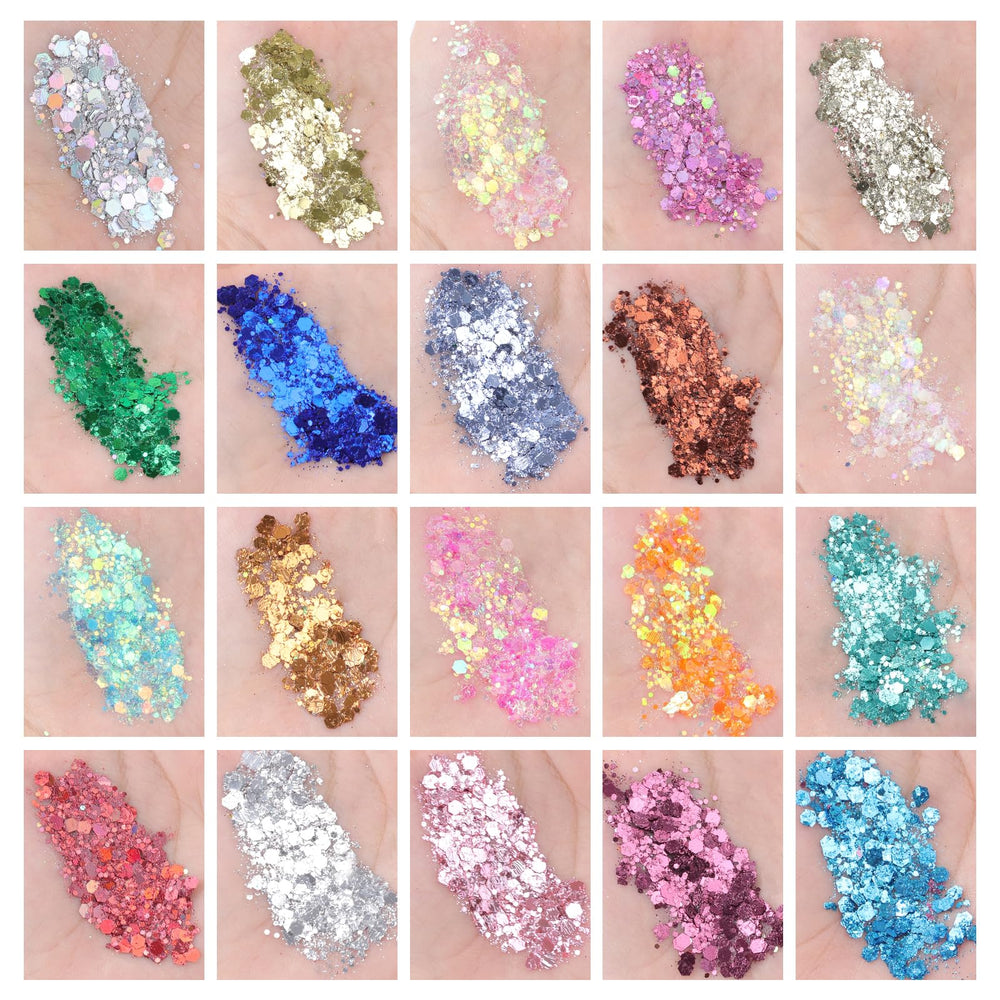 AROIC closeup of glitter particles texture shows chunky and fine mix