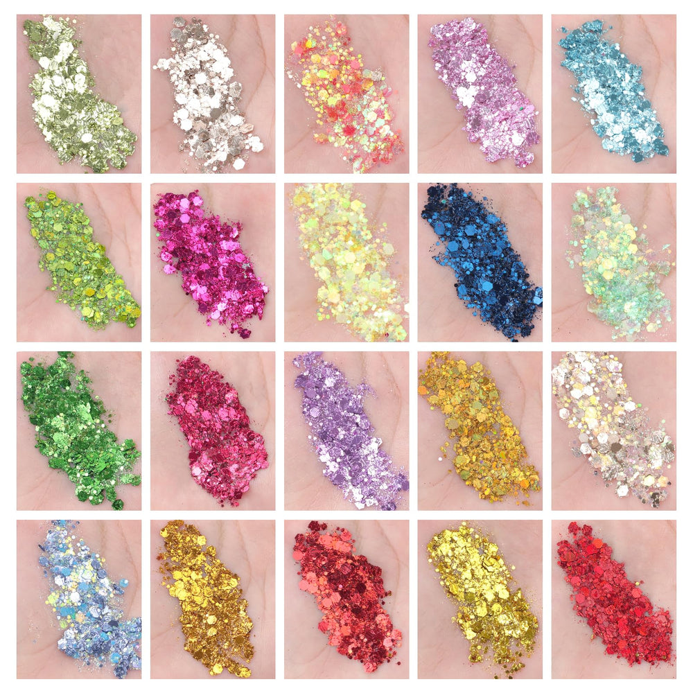 AROIC glitter bottle with swatches displaying product variety