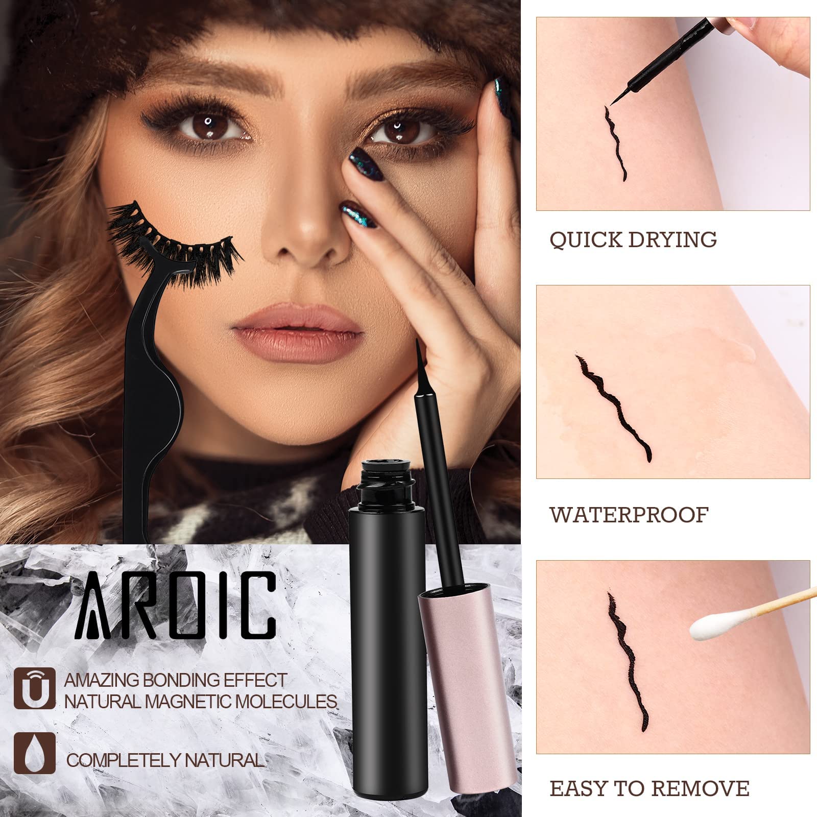 AROIC magnetic lashes with liquid glue for secure wear and easy removal