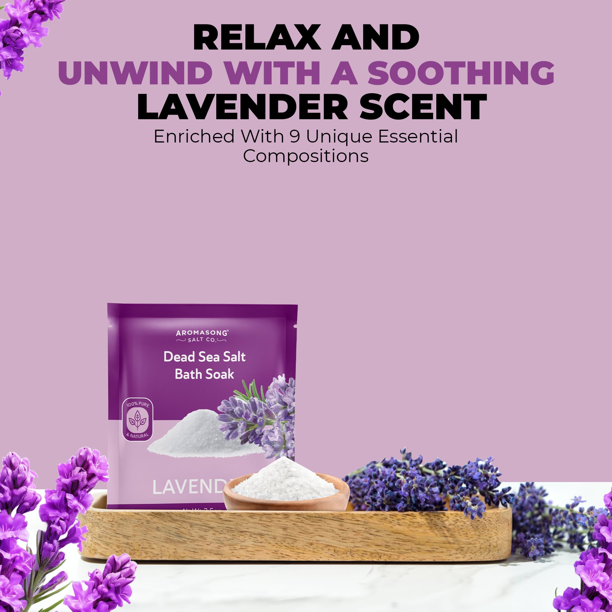Aromasong lavender oil drops highlight fragrance within mineral bath salt.