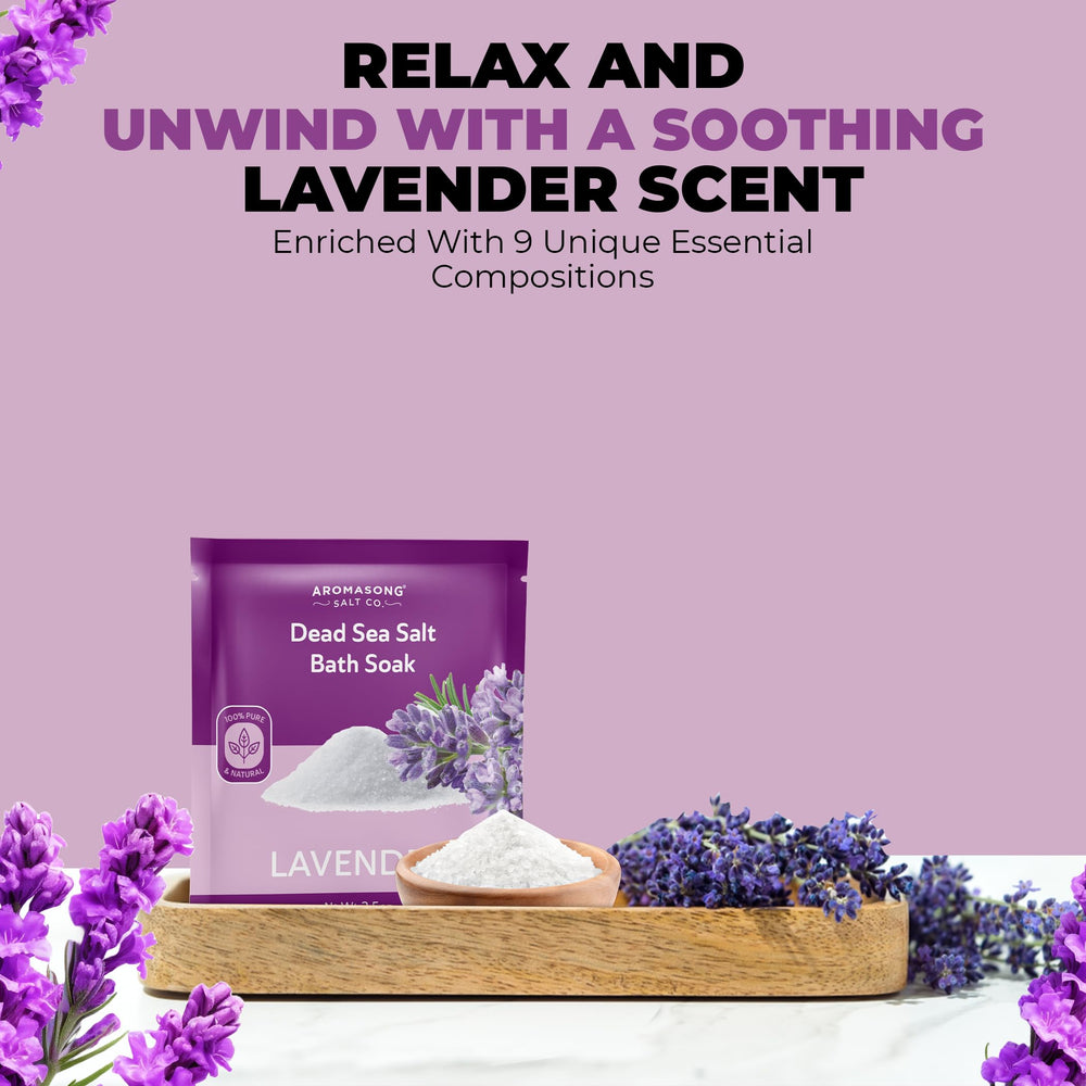 Aromasong lavender oil drops highlight fragrance within mineral bath salt.