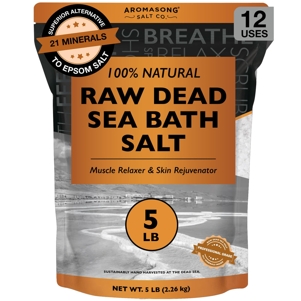 Aromasong Raw Dead Sea Bath Salt bag closeup with mineral crystals for skin smoothing