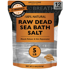 Aromasong Raw Dead Sea Bath Salt bag closeup with mineral crystals for skin smoothing