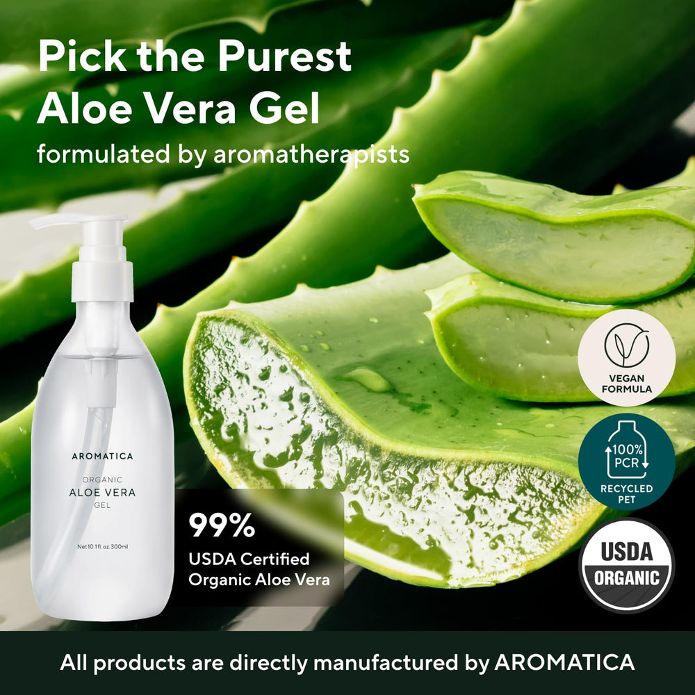 AROMATICA aloe vera gel applied to hands for cooling relief and hydration.