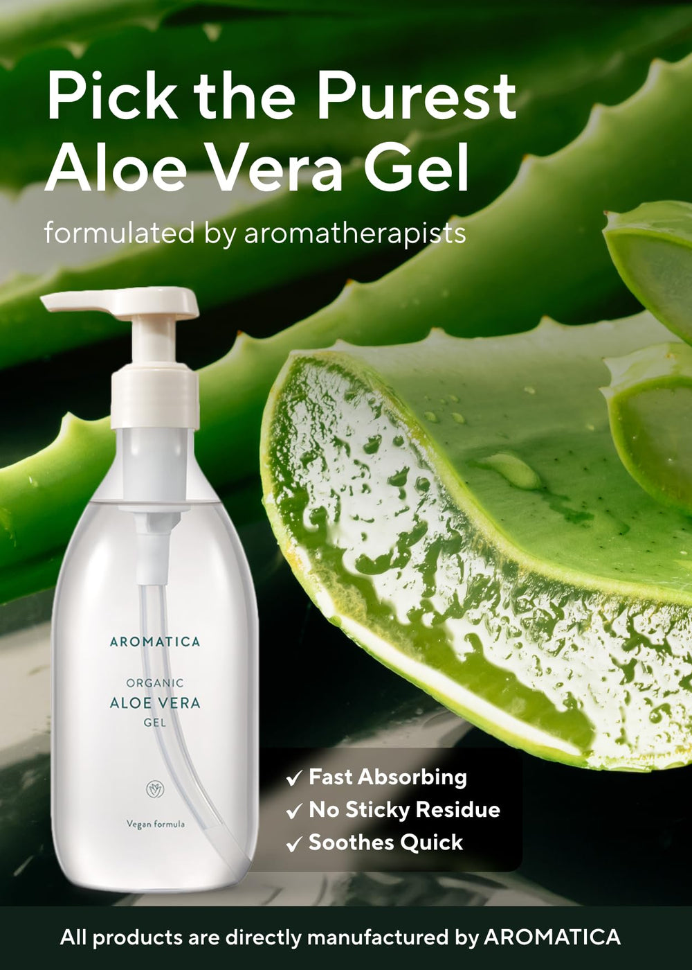 AROMATICA Aloe Vera Gel texture close-up highlights non-sticky, cooling relief.