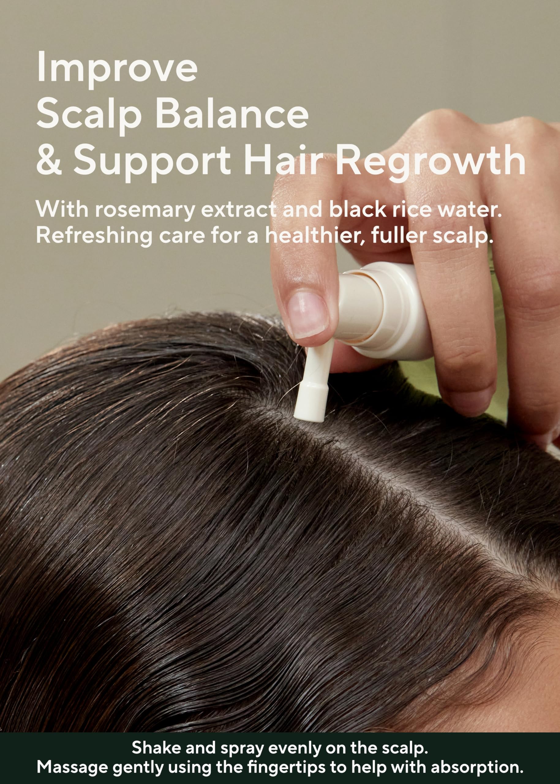 AROMATICA bottle misting over scalp highlights nourishing Black Food Complex for scalp health.