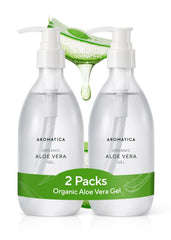 AROMATICA organic aloe vera gel 2-pack bottles for soothing after-sun care.