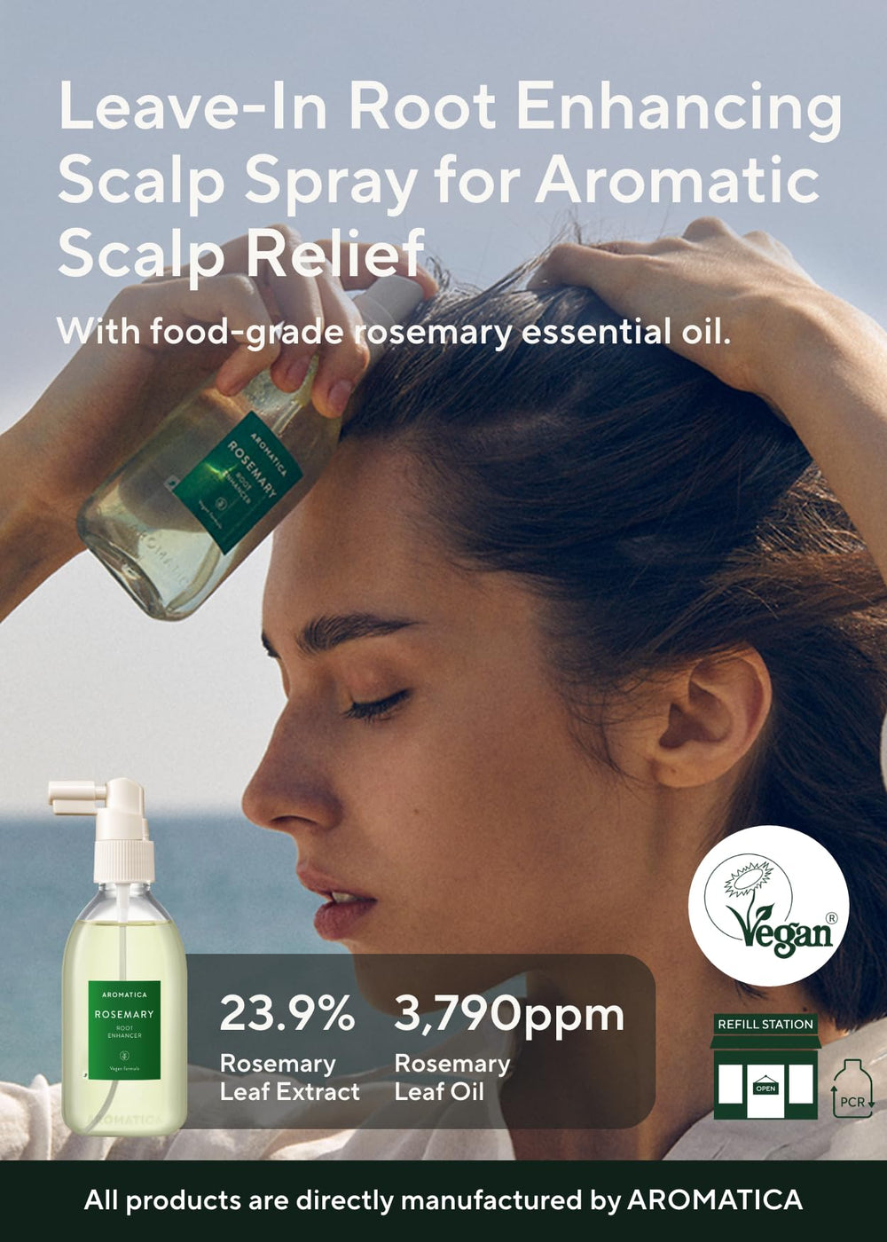 AROMATICA Root Enhancer close up of rosemary water spray droplets for scalp care.