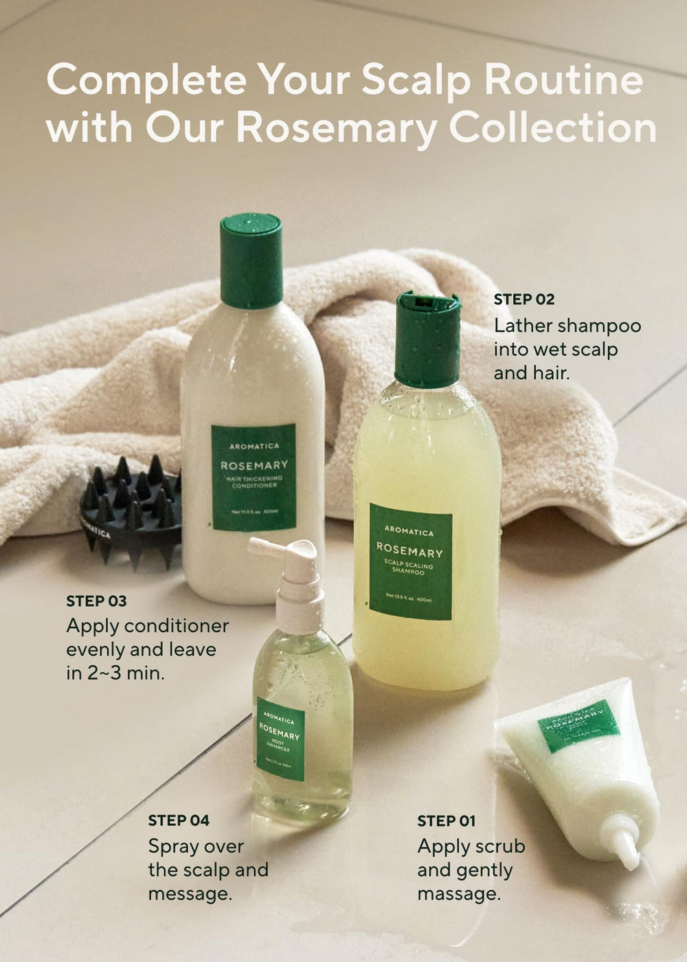 AROMATICA Root Enhancer being spritzed onto a dry scalp during application.