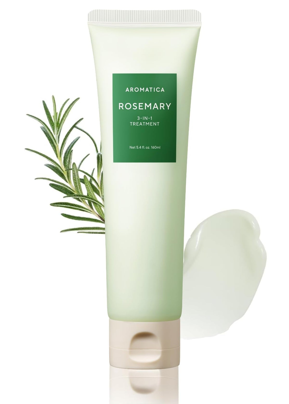 AROMATICA Rosemary 3-in-1 Hair Treatment packaging highlights plant-based nourishment for dry hair.