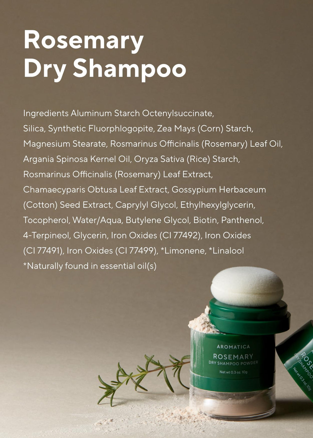 AROMATICA Rosemary Dry Shampoo Powder shows rosemary ingredients spotlight