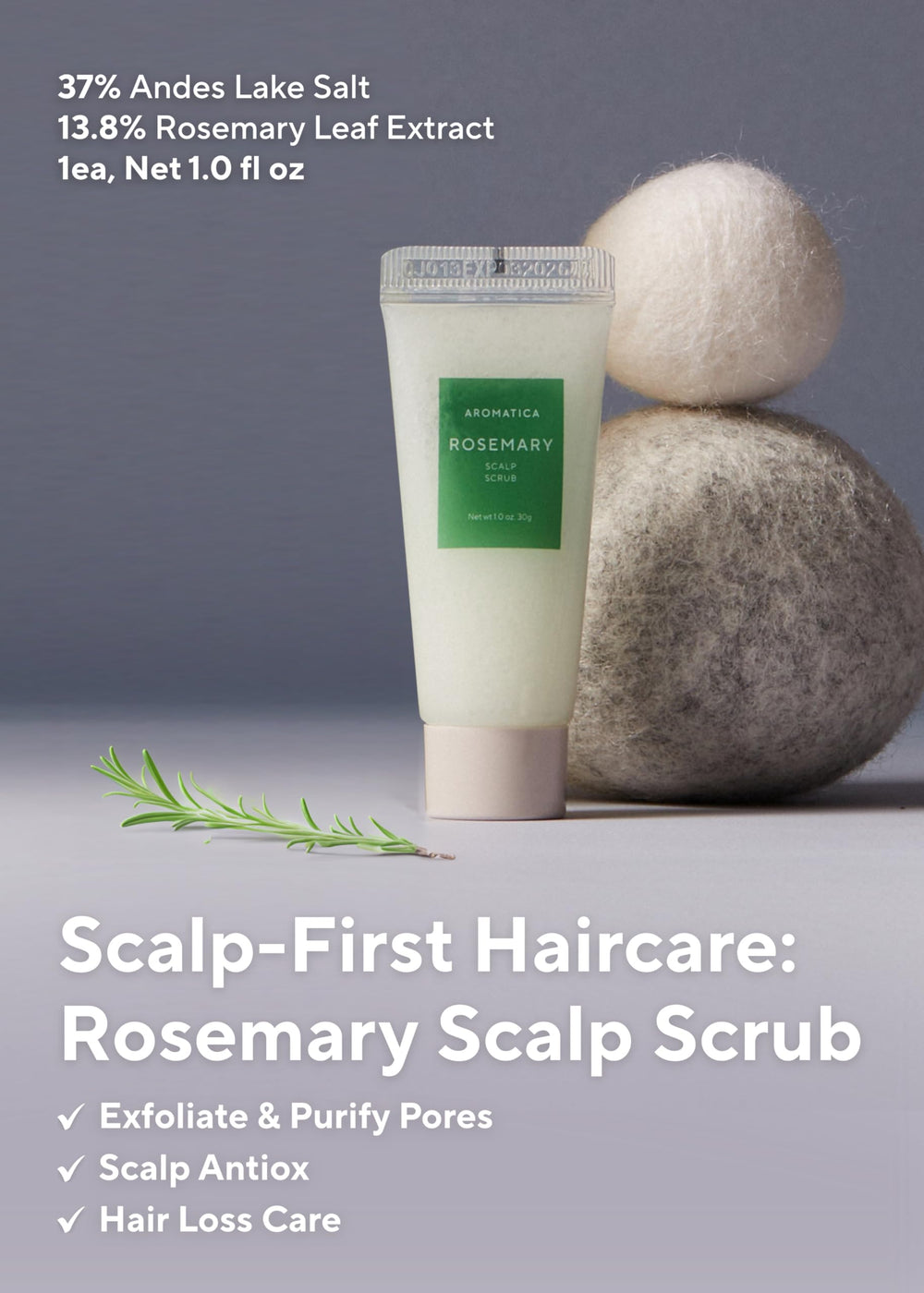 AROMATICA Rosemary Hair Growth impact visual suggesting thicker-looking hair.