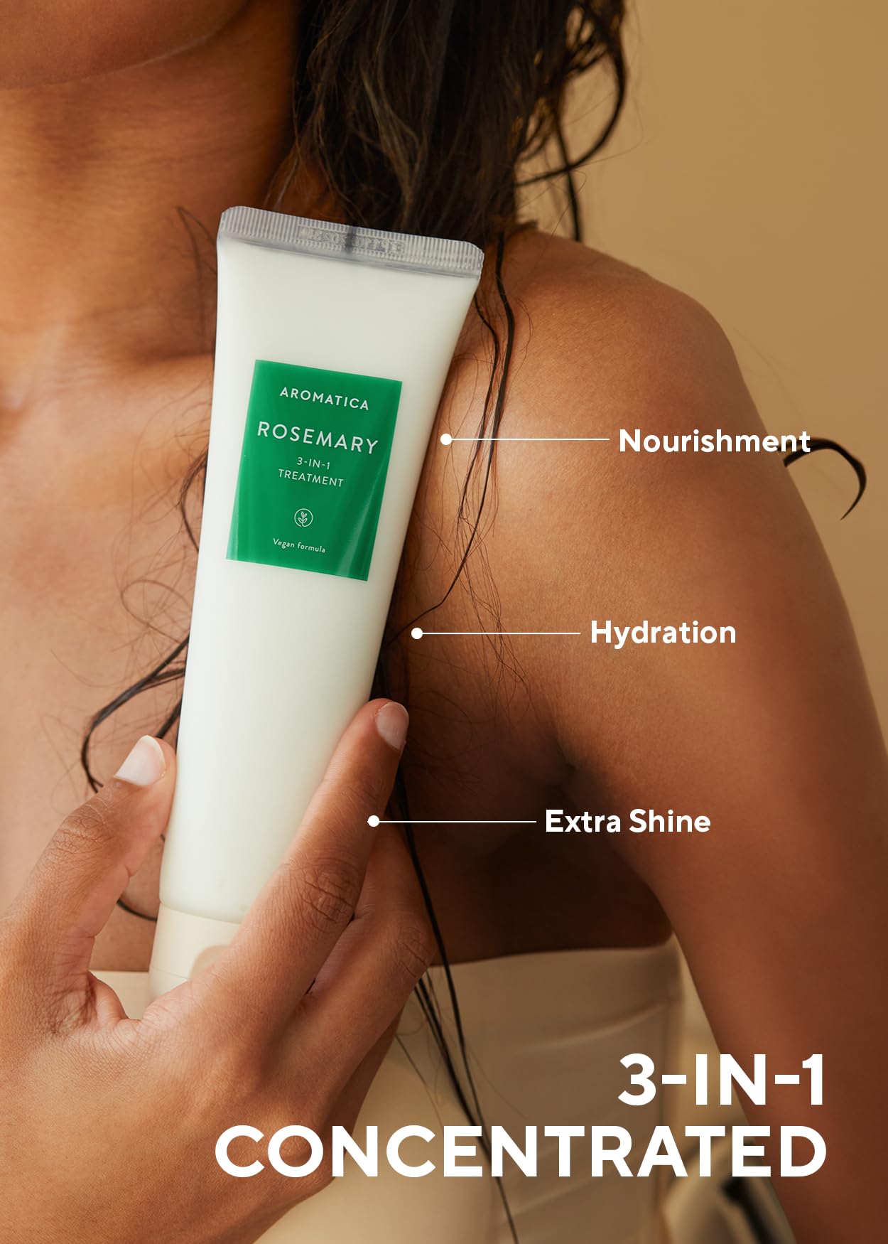 AROMATICA Rosemary hair mask dispense jar demonstrates easy, silicone-free hydration.