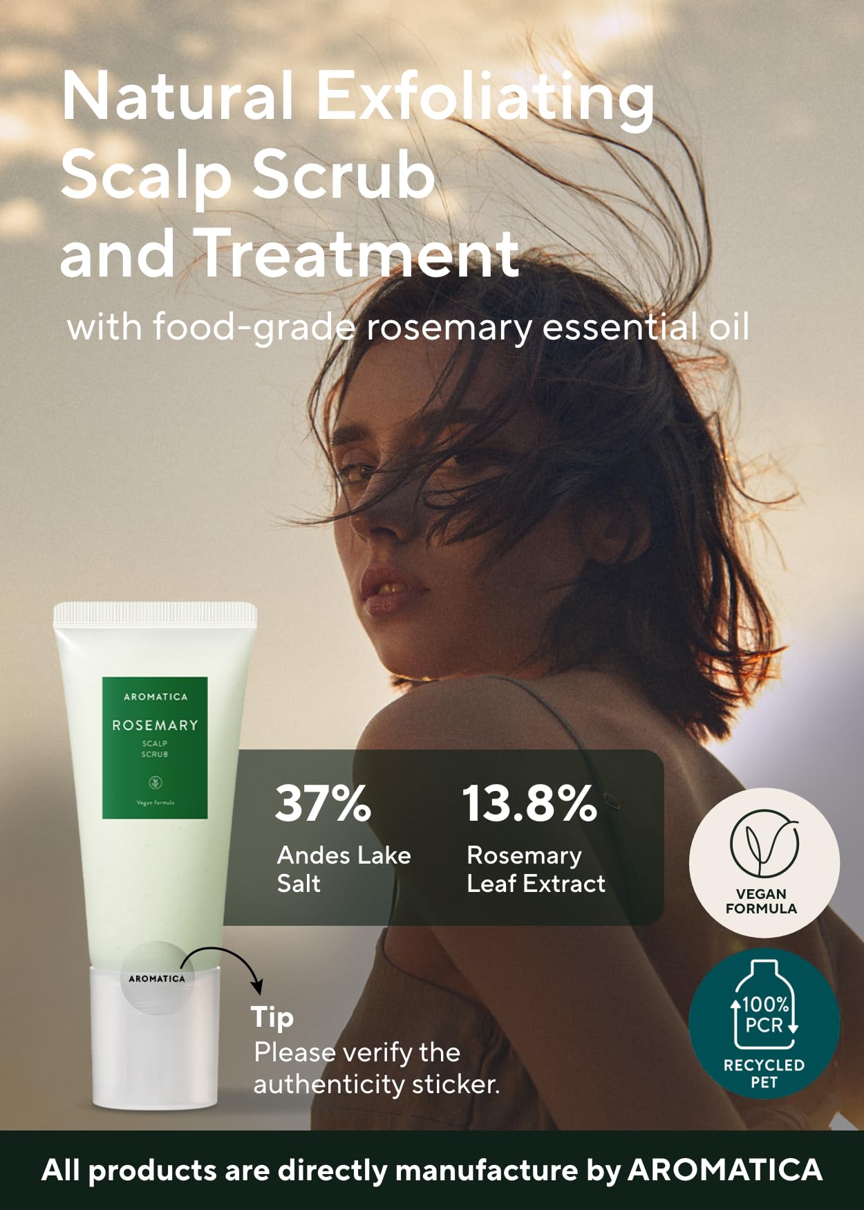 AROMATICA Rosemary Oil bottle shows natural ingredients for calming scalp care.
