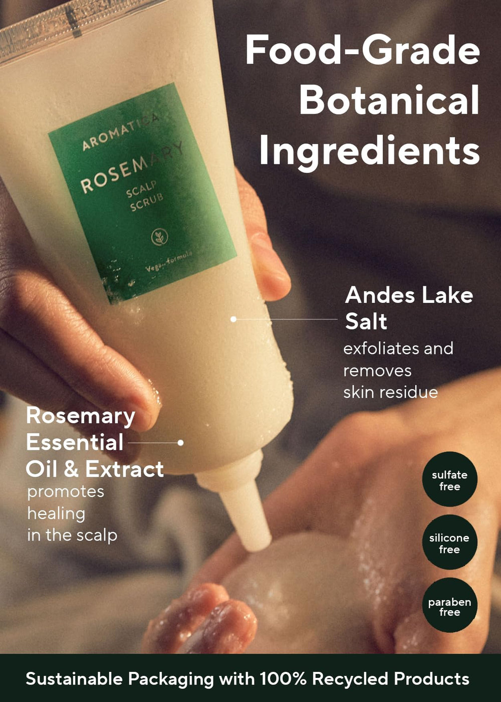 aromatica rosemary scalp scrub being applied by fingertips during pre-shampoo ritual