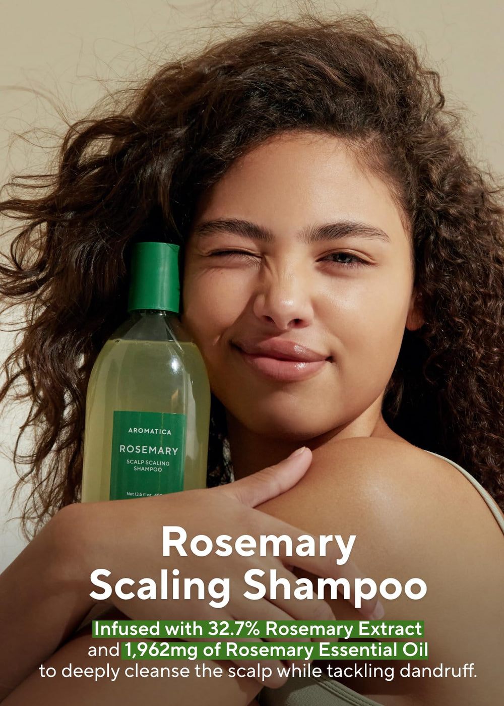 Close-up of AROMATICA Rosemary Scalp Shampoo bottle highlighting natural formula