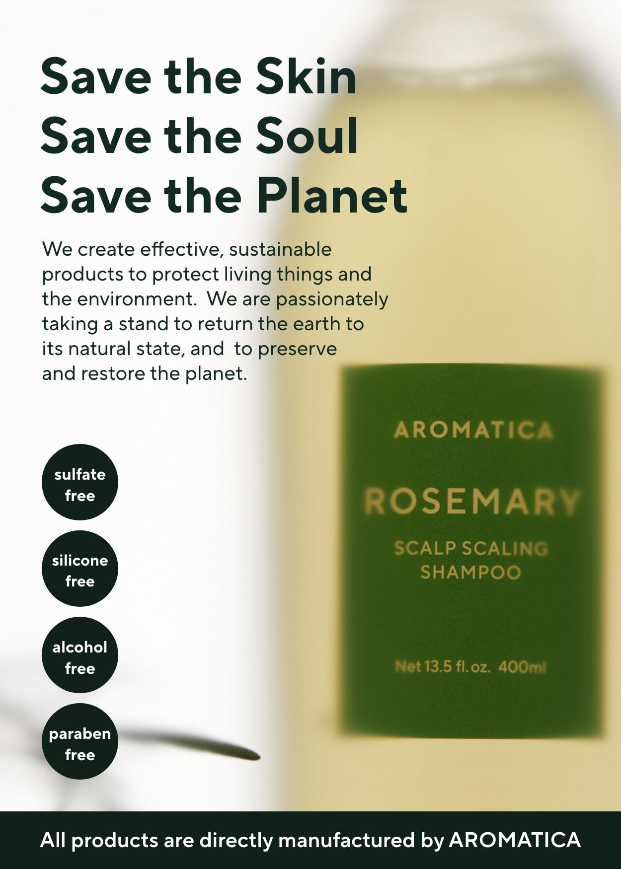 Hero shot of the 13.53 oz AROMATICA Rosemary Scalp Shampoo bottle