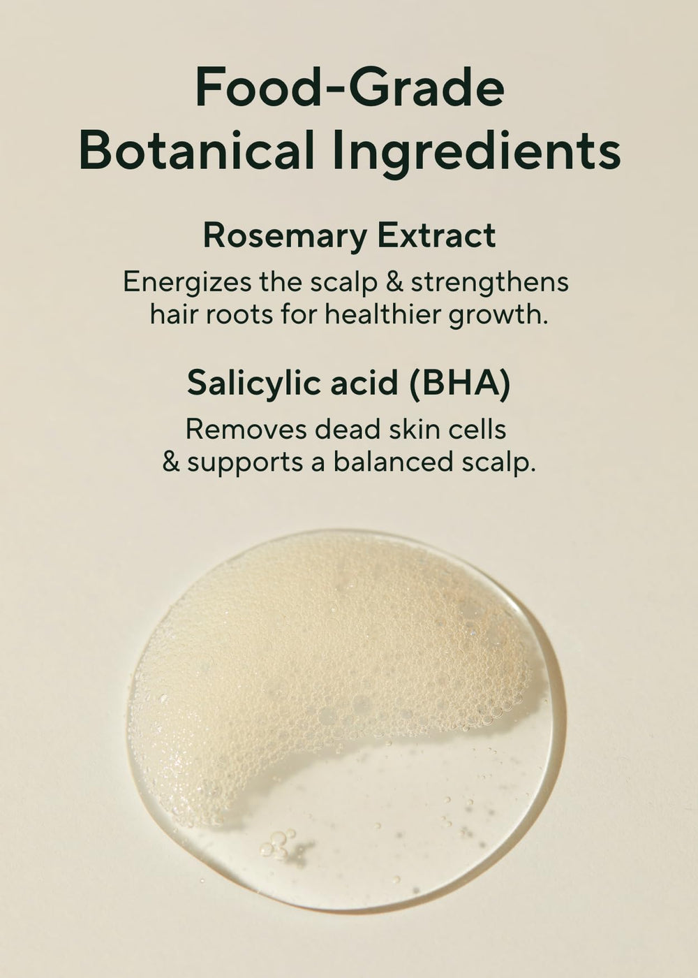 Close-up of ingredients in AROMATICA Rosemary Scalp Shampoo featuring rosemary decoction and biotin