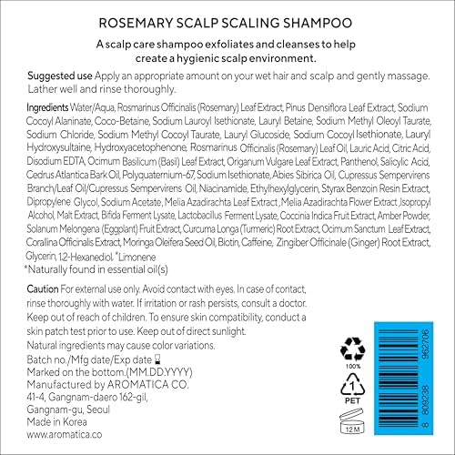 Packaging box for AROMATICA Rosemary Scalp Shampoo highlighting vegan messaging