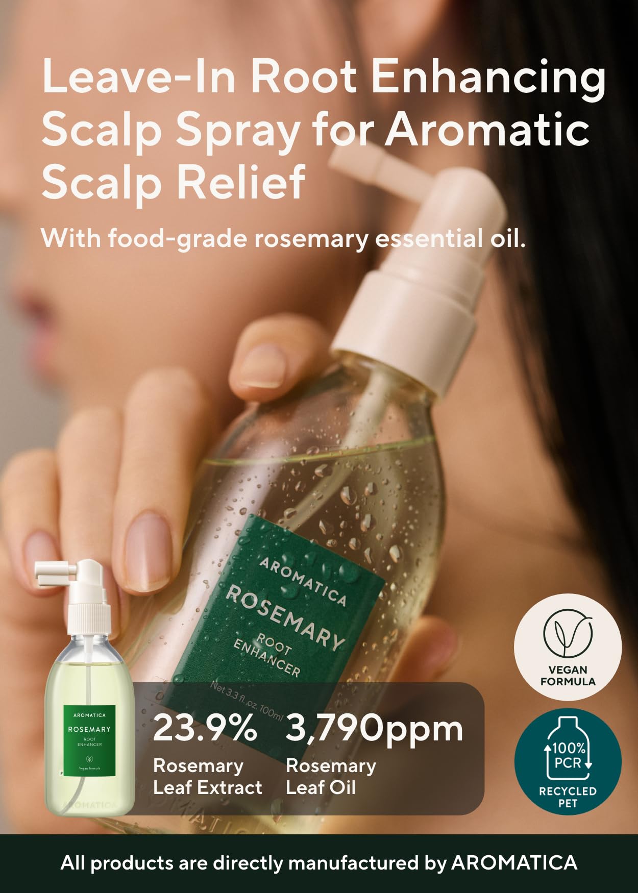 AROMATICA Rosemary Water spray applied to scalp demonstrates refreshing relief for dry, itchy scalps.
