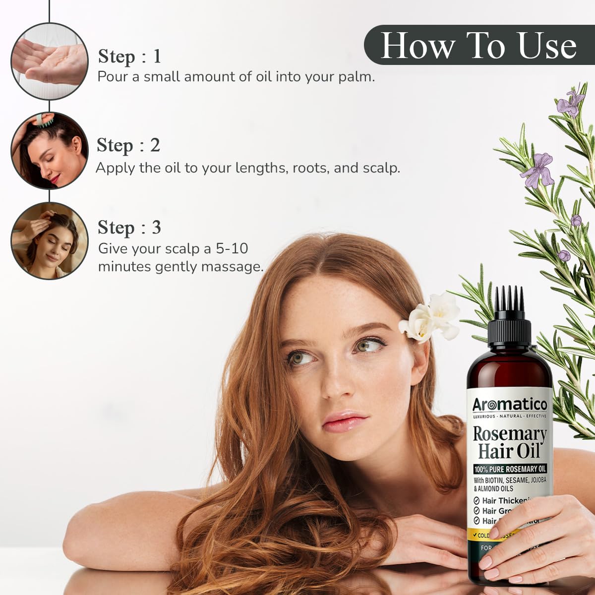 Aromatico rosemary oil massaged into the scalp for soothing care and nourishment.