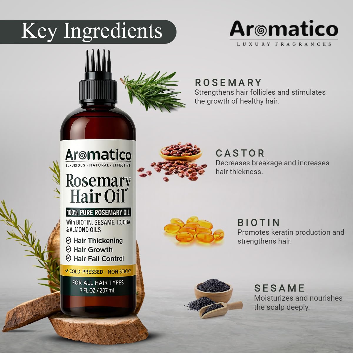 Aromatico rosemary oil label close-up emphasizing natural ingredients and purity.
