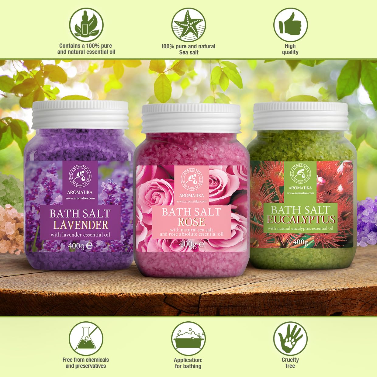 AROMATIKA bath salts set collection image showing three varieties.