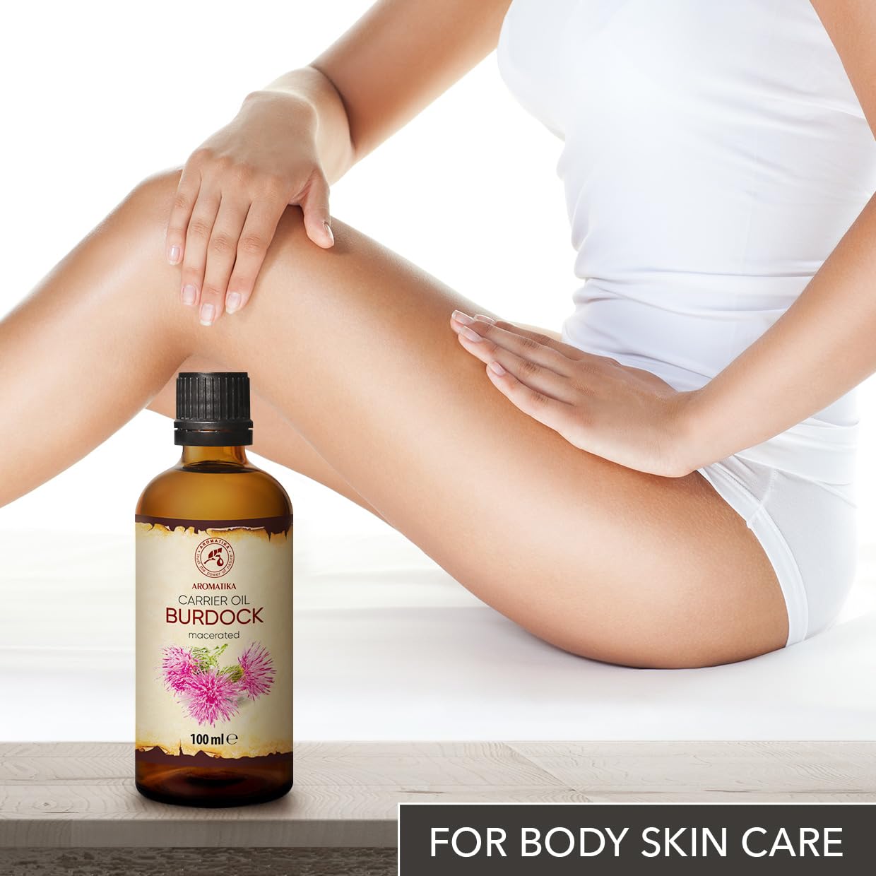 AROMATIKA Burdock Root Oil shows 100% pure, natural carrier oil quality.