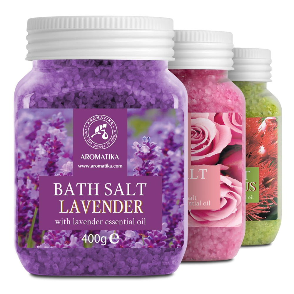 AROMATIKA lavender bath salts bottle promoting calming sleep rituals.