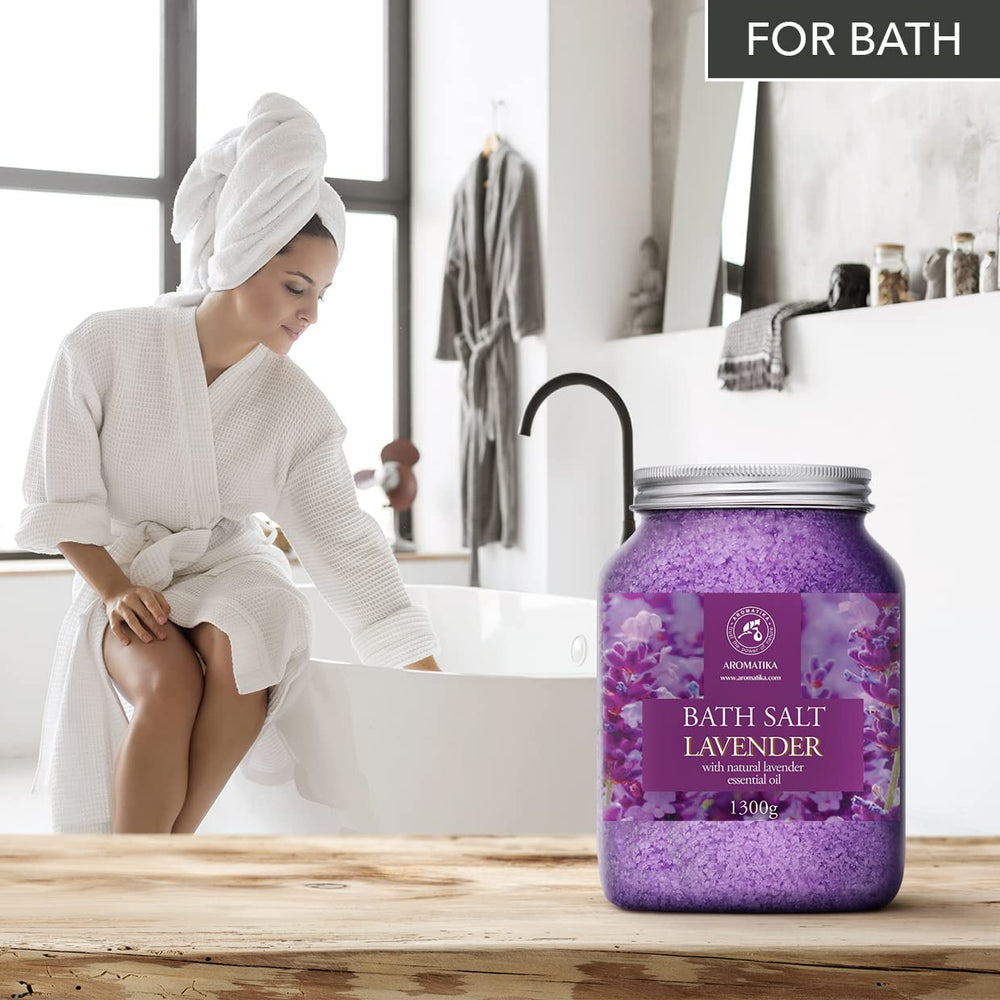 AROMATIKA sea salt lavender bath salts bedtime routine scene promotes restful sleep vibes.
