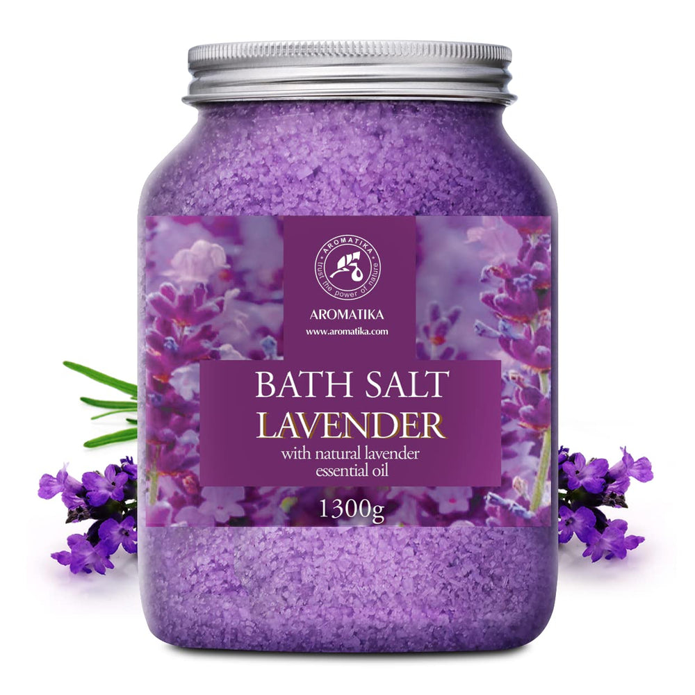 AROMATIKA sea salt lavender bath salts bottle closeup highlights natural lavender essential oil benefits.