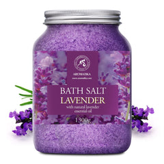 AROMATIKA sea salt lavender bath salts bottle closeup highlights natural lavender essential oil benefits.