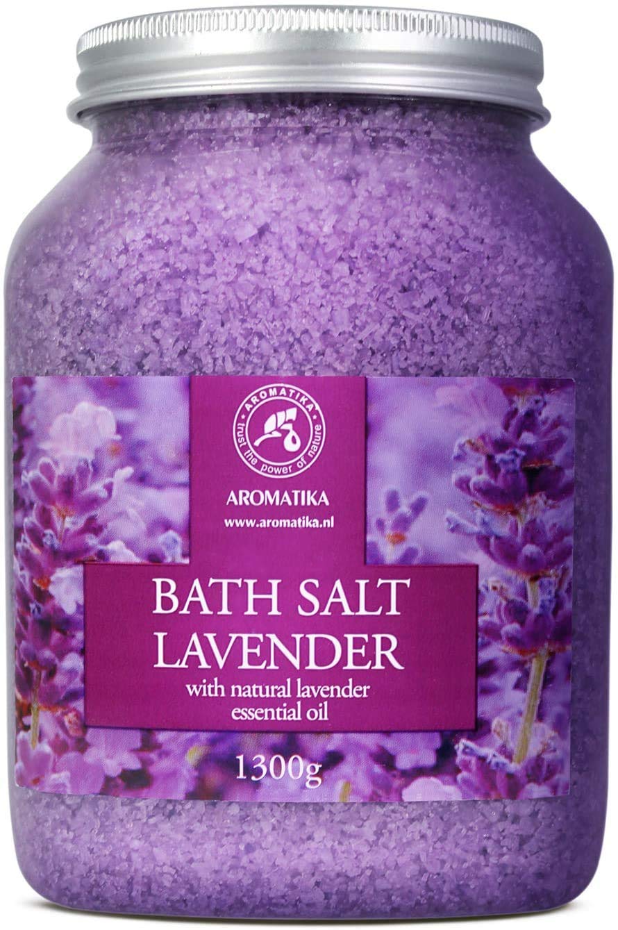AROMATIKA sea salt lavender bath salts dispense pour demonstrates easy bath ritual.
